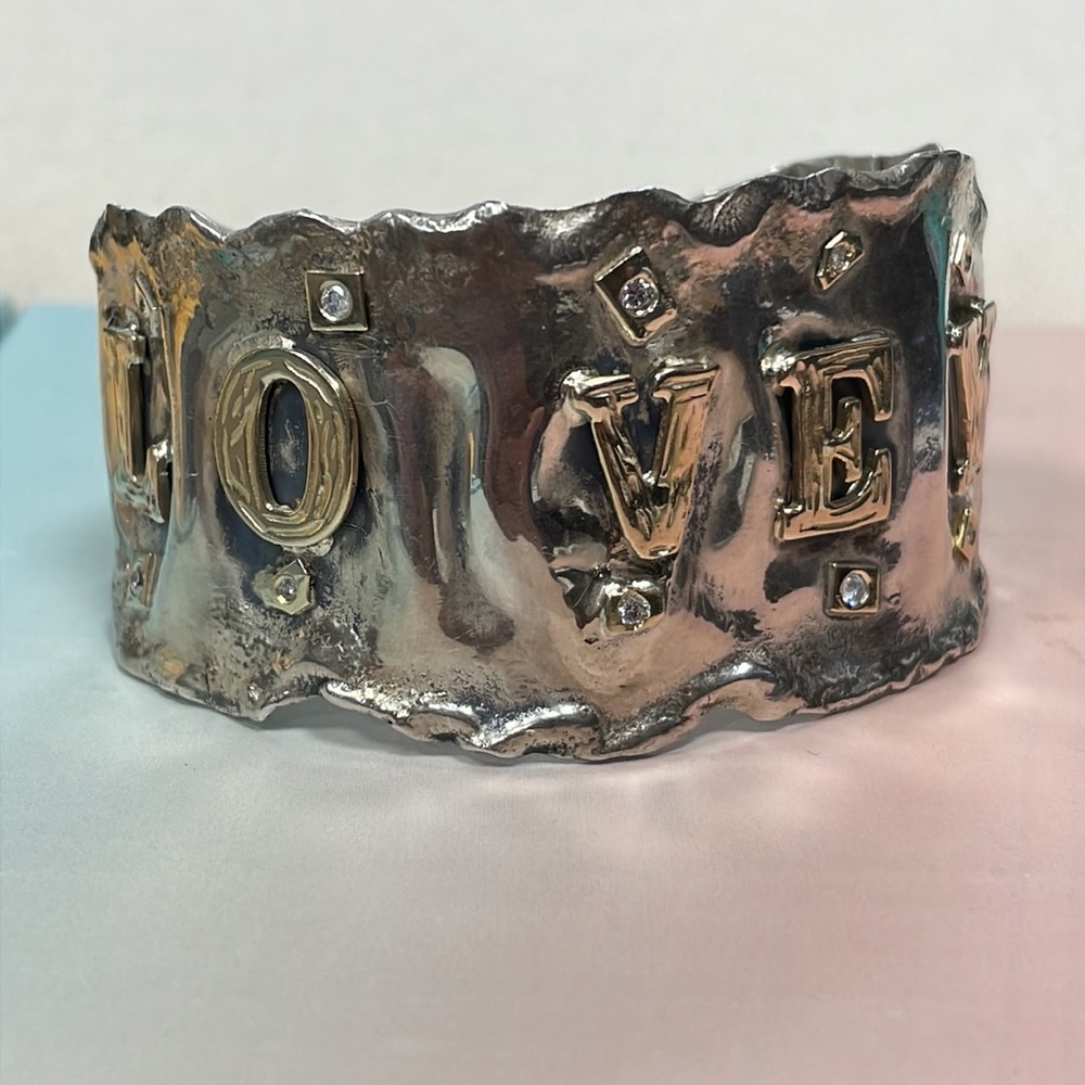 Kabana Sterling Silver Open Cuff Bracelet with Yellow Gold Plate - I L O V E You